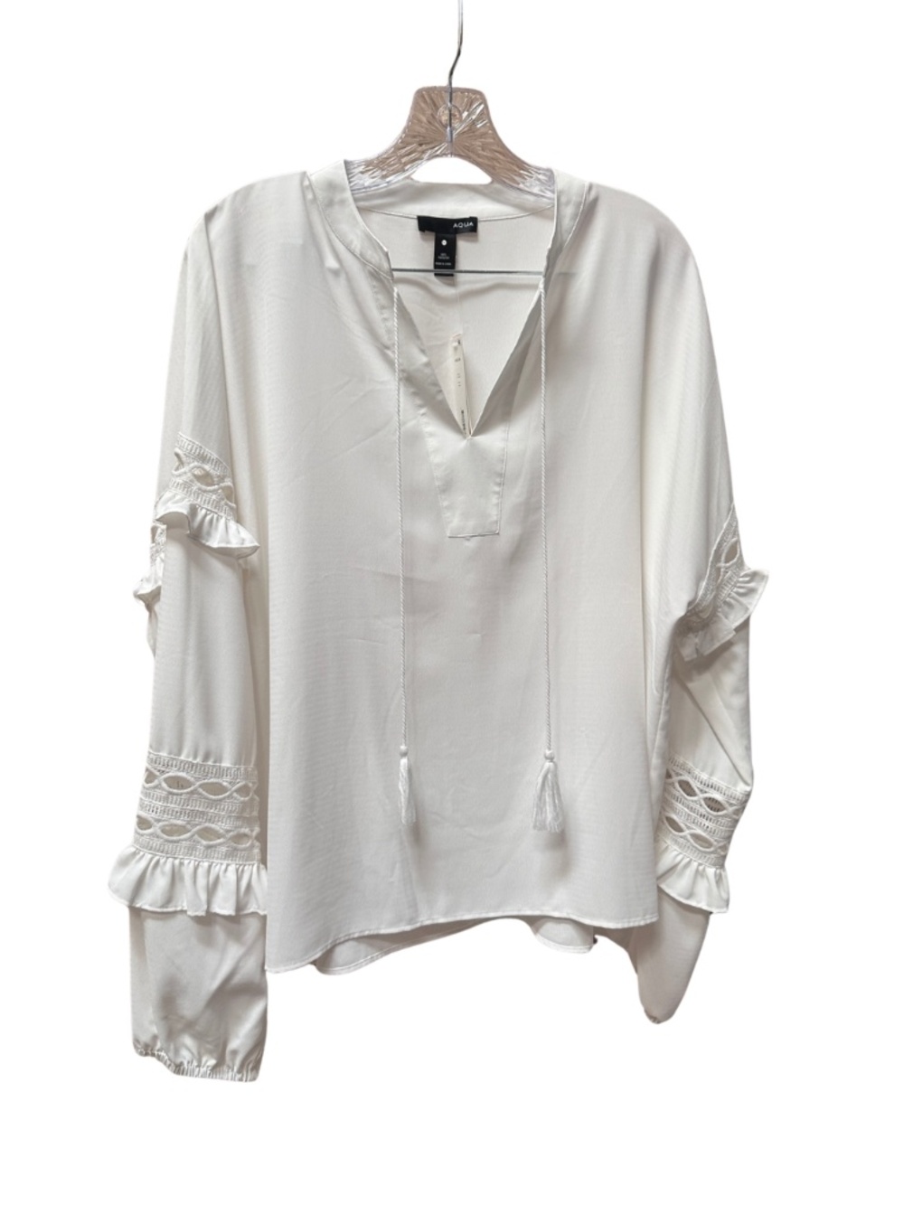 NEW Aqua White Tassel Boho Long Sleeve Top - Women's Large
